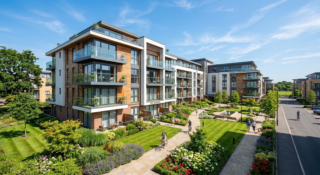 Modern apartment complex with landscaped gardens and walking paths, representing premium real estate.