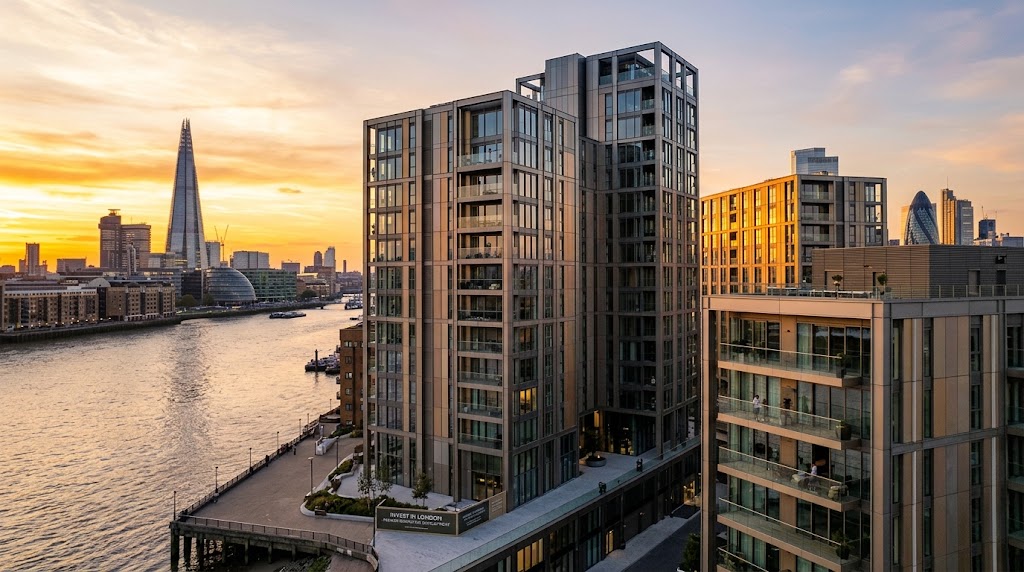 Modern London block of flats at sunset, ideal for build-to-rent investors and property portfolios.