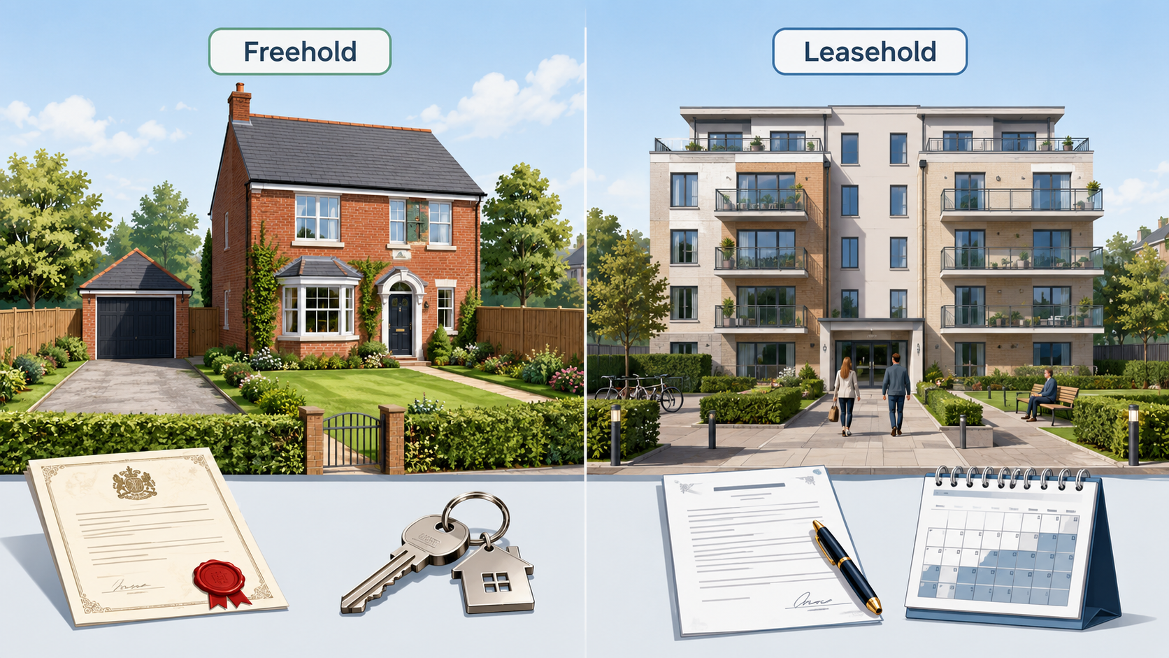 Freehold house and leasehold apartment compared with title deeds, keys and a lease term calendar.