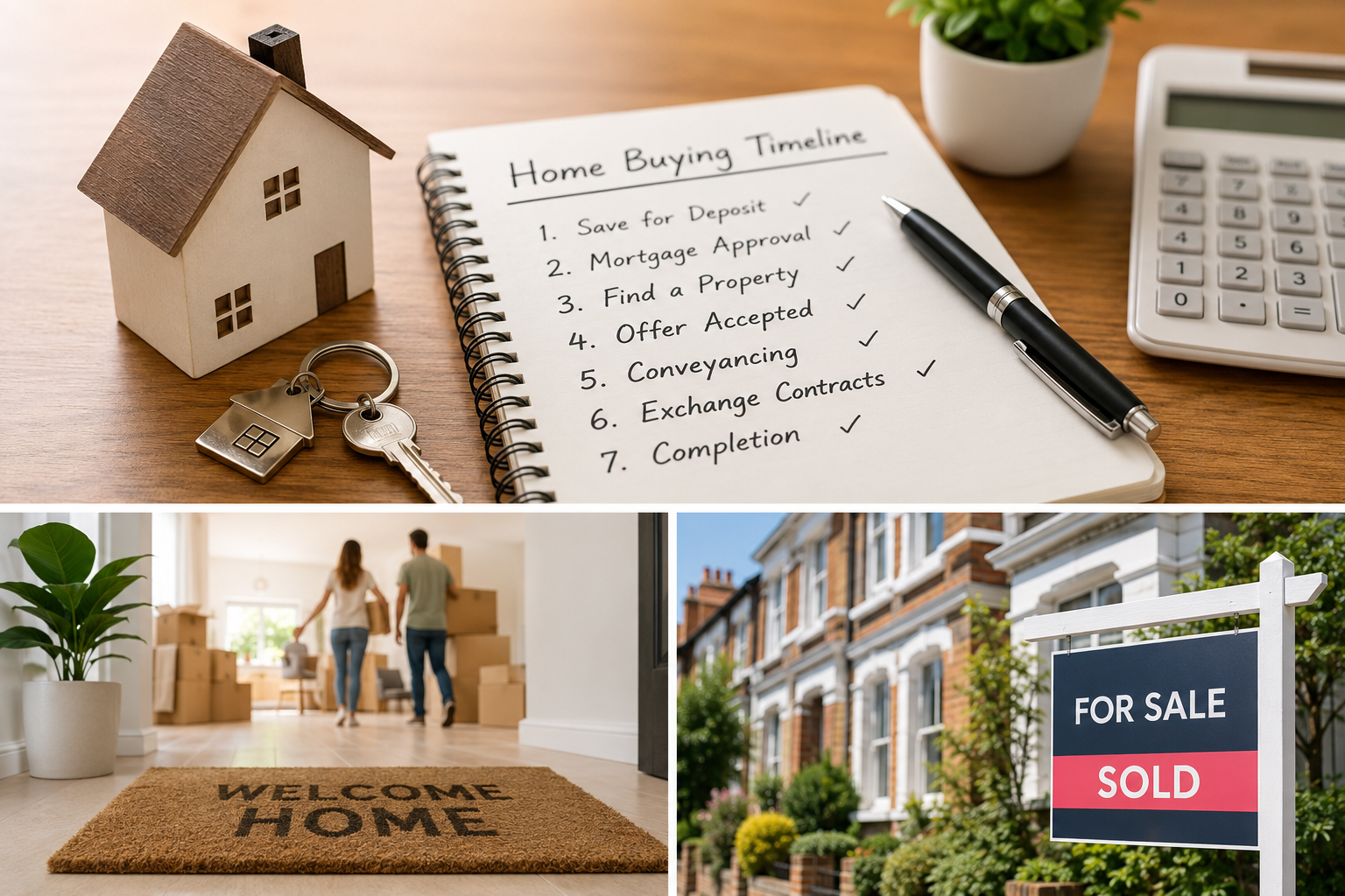 Collage of a home buying timeline calendar, a couple viewing a house, and a person signing a contract.
