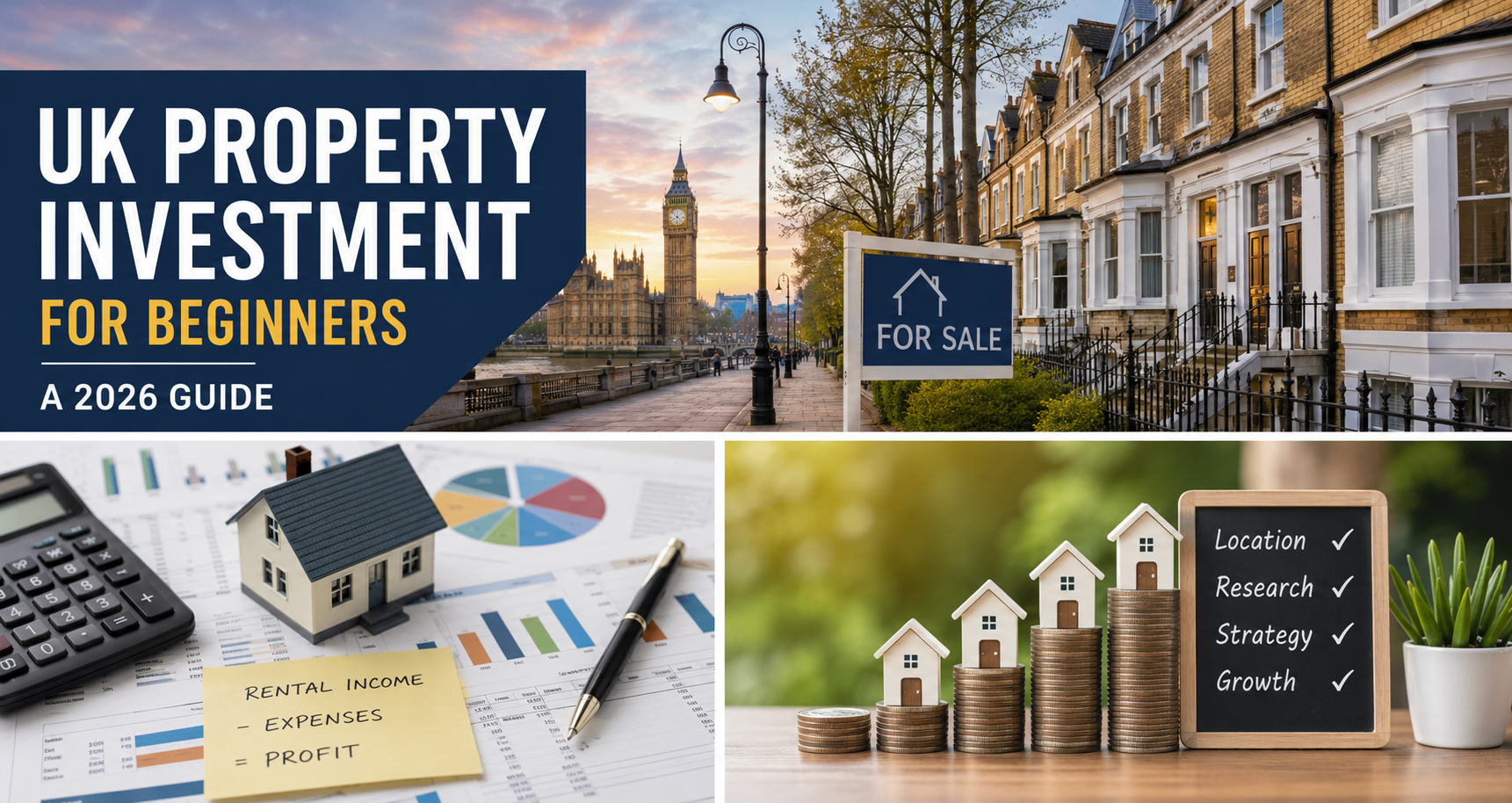 UK property investment guide for beginners featuring London homes, Tower Bridge and a to-let sign.