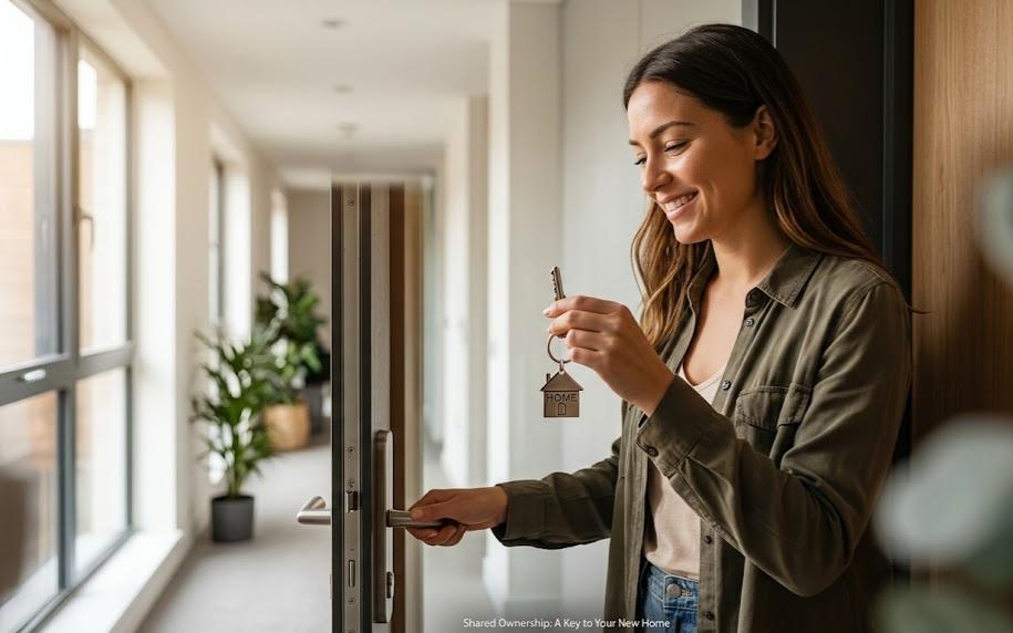 A smiling woman holding a "HOME" keyring as she opens the front door to her modern flat.