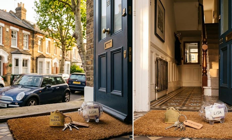 Open front door of a London home at golden hour with keys and a clear piggy bank labeled LISA.