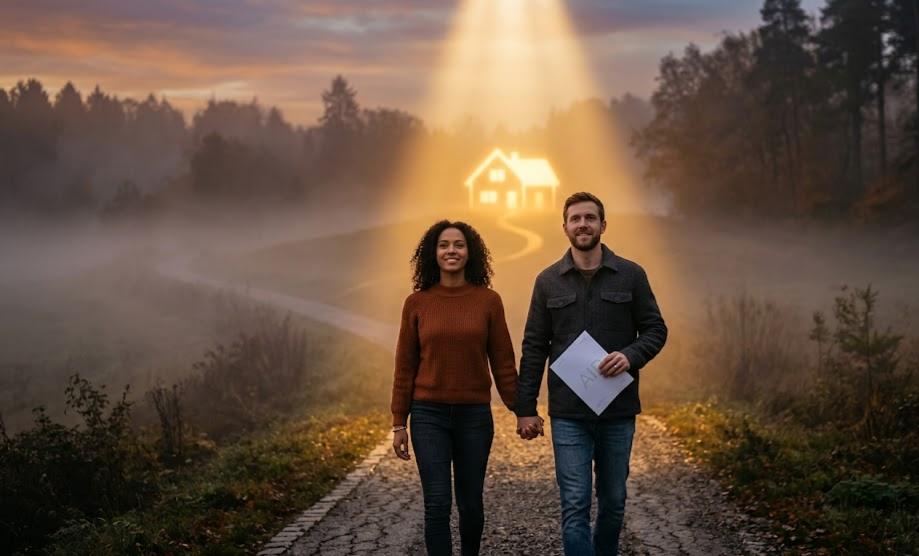Happy couple holding a mortgage agreement in principle paper walking towards home buying goals.