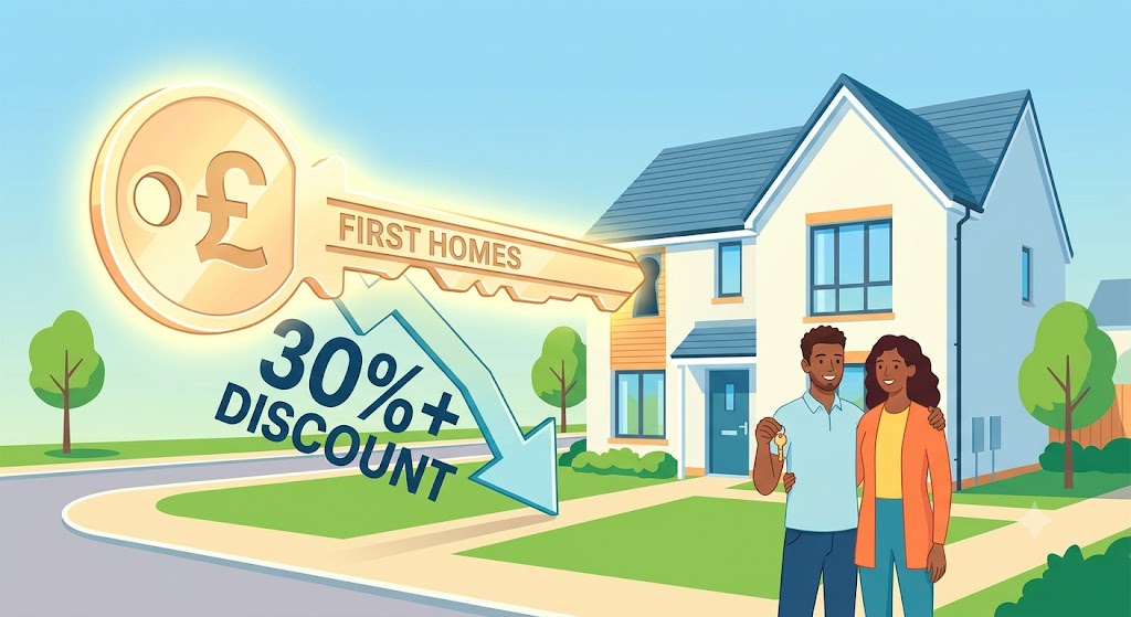 A stylized illustration of a large modern key, engraved with 'FIRST HOMES' and a pound symbol, unlocking a new-build house.