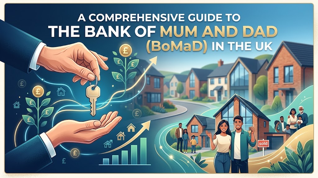 Illustration for a guide on the Bank of Mum and Dad in the UK, showing parents handing house keys to family.