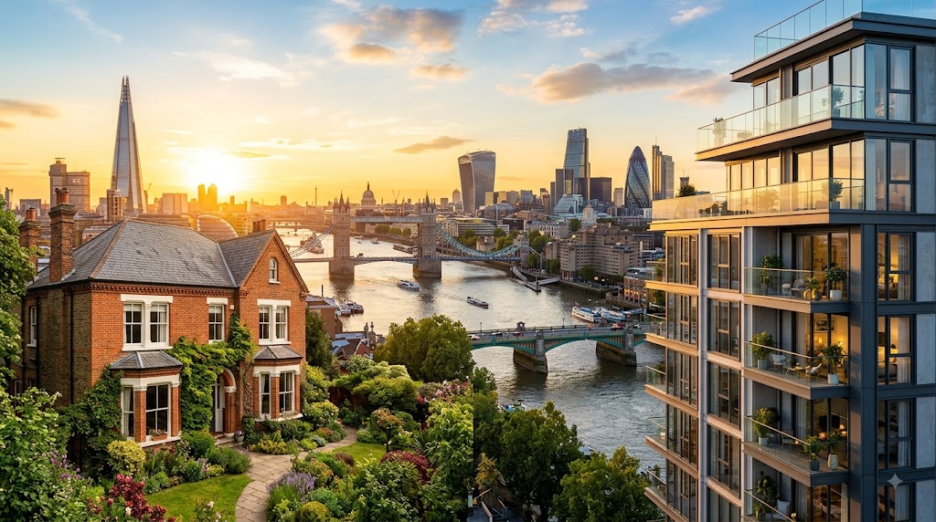 London skyline at sunrise: Victorian house with garden on left, modern apartment on right, Shard & Tower Bridge in background.