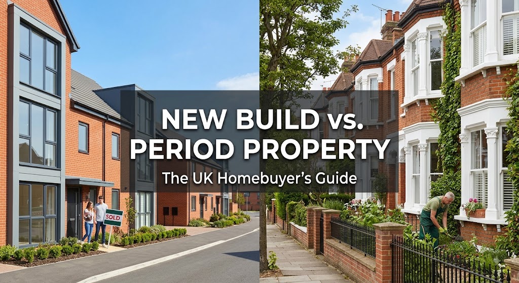 Split screen comparing a modern UK new build estate with "SOLD" signs to a classic Edwardian terraced street. Text: "NEW BUILD vs. PERIOD PROPERTY: The UK Homebuyer’s Guide."