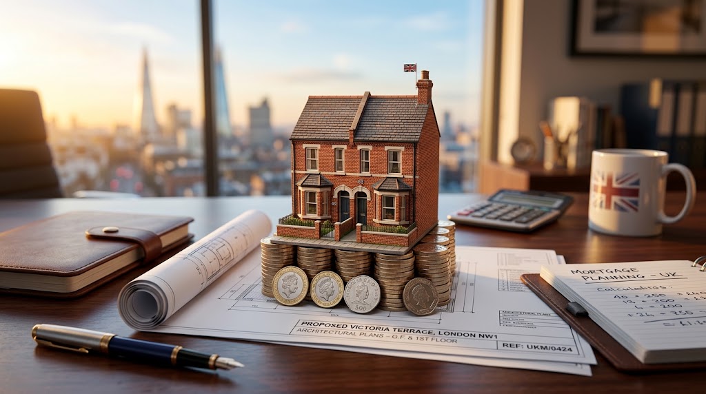 Miniature UK red brick house on stacked pound coins and blueprints. Real estate finance concept, 8k.