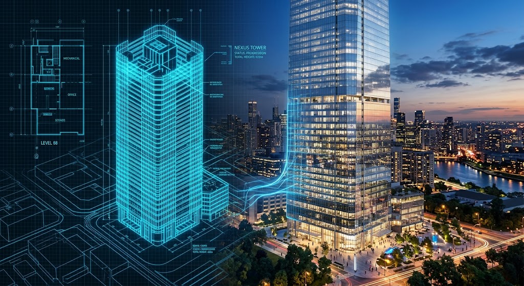 A 3D visualization showing a glowing blue architectural blueprint transforming into a modern building.