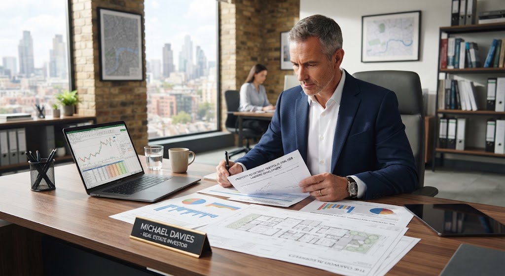 A professional investor analyzing buy-to-let property portfolio and market trends in a modern office environment.