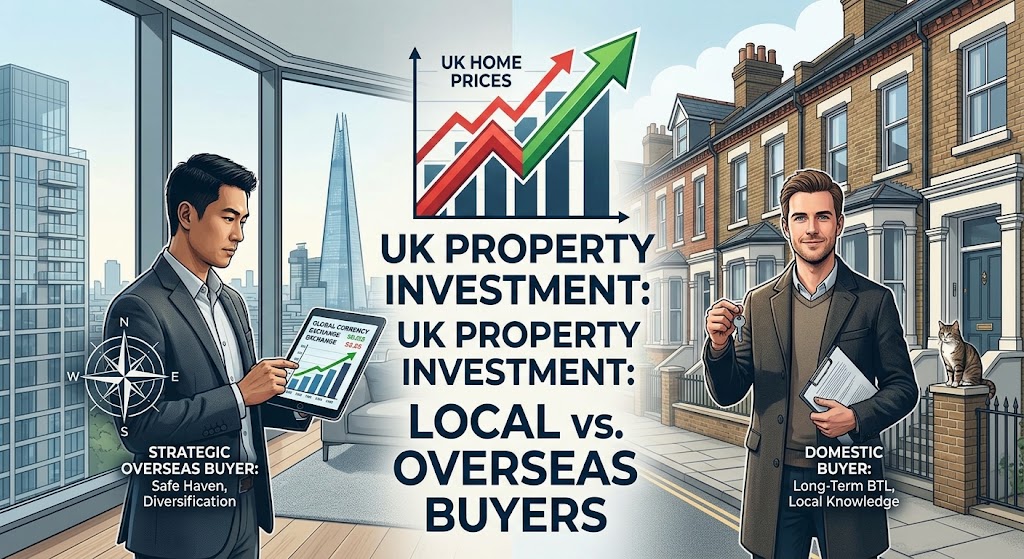 Comparison of UK investors: overseas buyer analyzes data near London skyline vs. local buyer holding keys by townhouses.
