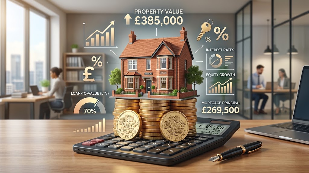UK mortgage Loan-to-Value LTV concept showing a British house on coins representing property equity.