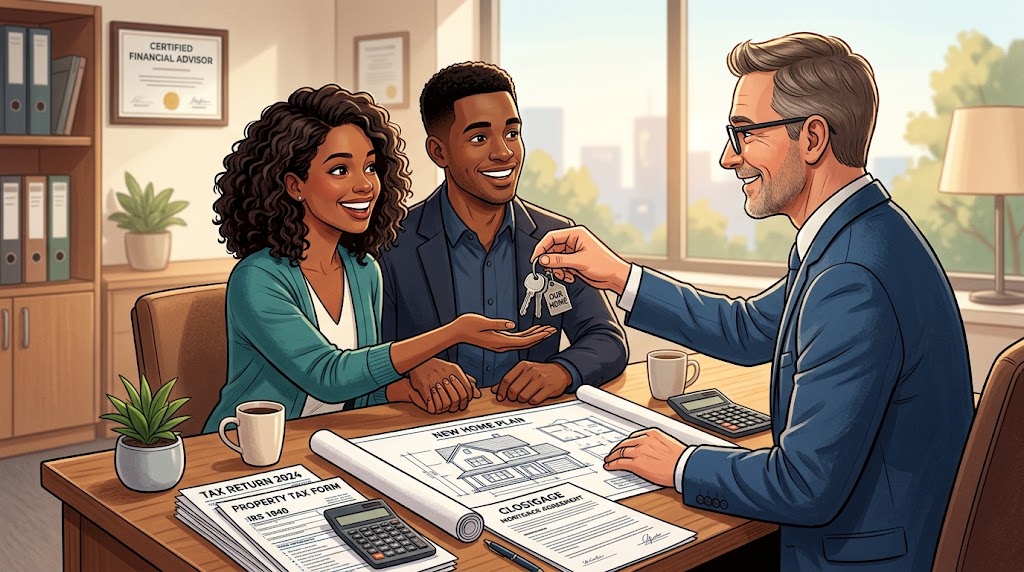 Illustration of happy first-time buyers receiving house keys alongside tax documents and blueprints.