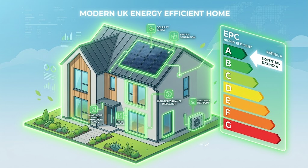 Modern UK energy efficient home displaying an A to G EPC rating scale with solar panels and heat pump.
