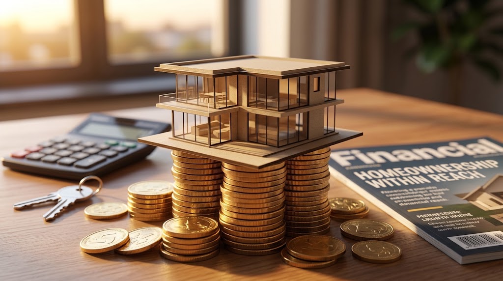 A miniature house on stacked gold coins, illustrating saving for a deposit through a rent to buy scheme.