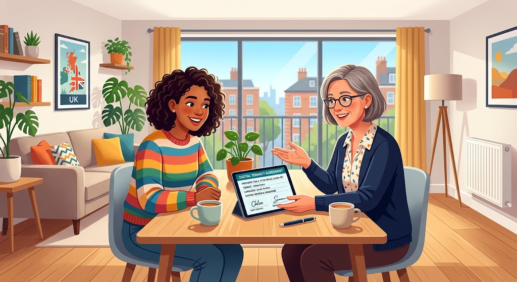 Landlord and tenant reviewing a digital tenancy agreement in a modern apartment property management.