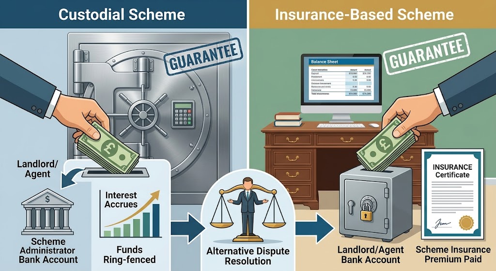 Custodial vs Insurance-based tenancy deposit protection schemes workflow diagram.