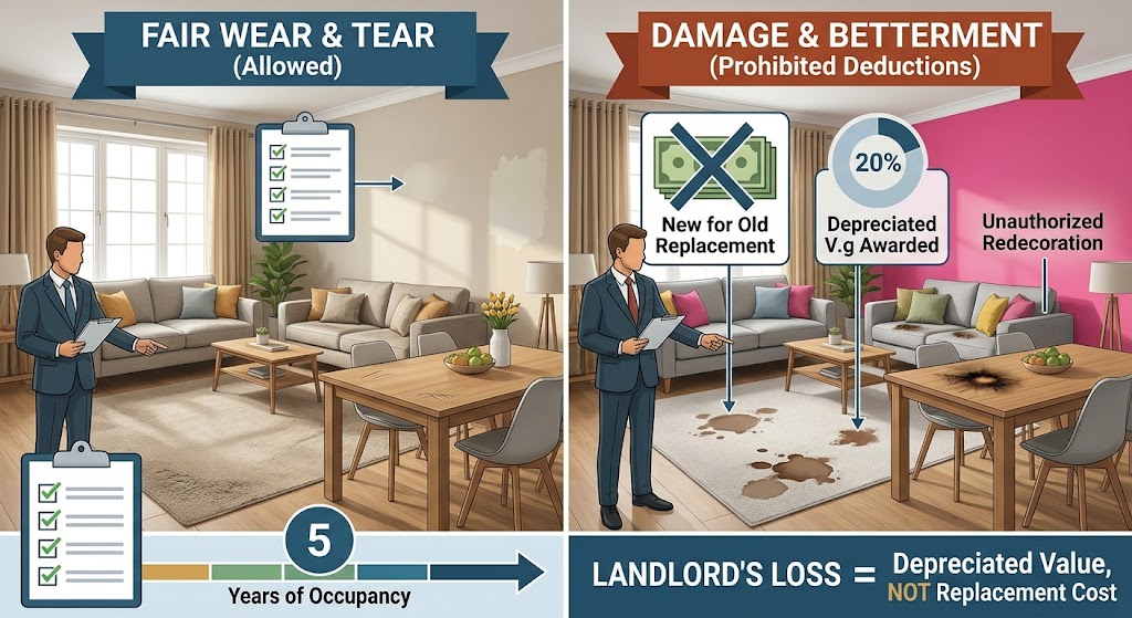 Fair wear and tear vs damage and unlawful landlord betterment in rental check-out.