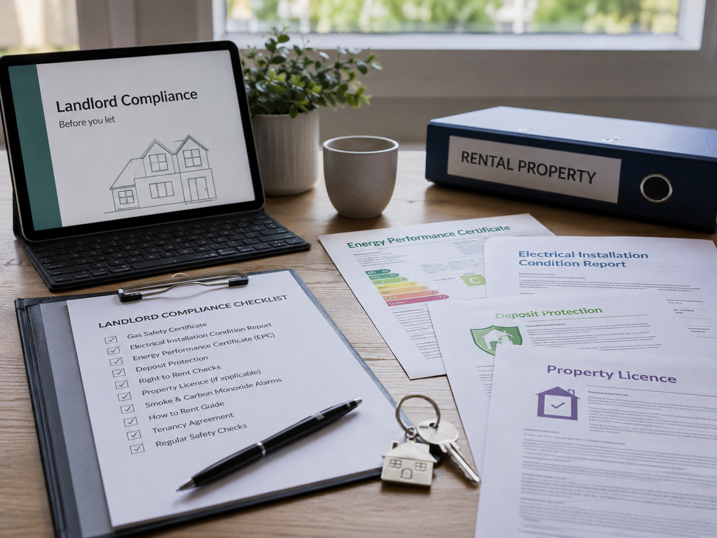 Landlord compliance desk with EPC, EICR, property licence and checklist before letting a home.