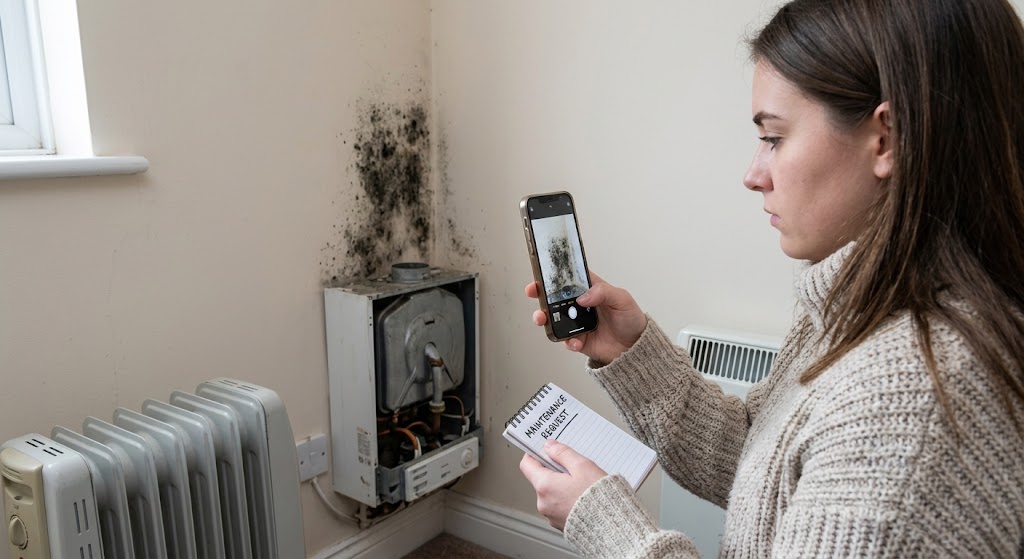 Tenant photographing severe mold growth and a broken boiler in a bedroom, creating written records for maintenance