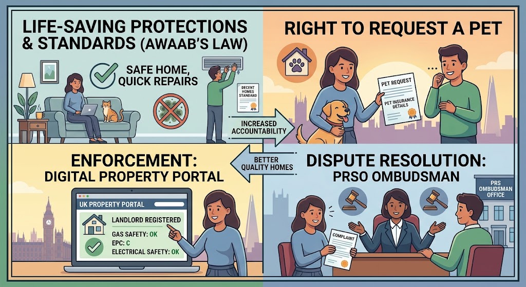 Diagram detailing key parts of the UK Renters' Rights Act: Awaab's Law, pet rights, Digital Property Portal, and PRSO Ombudsman.