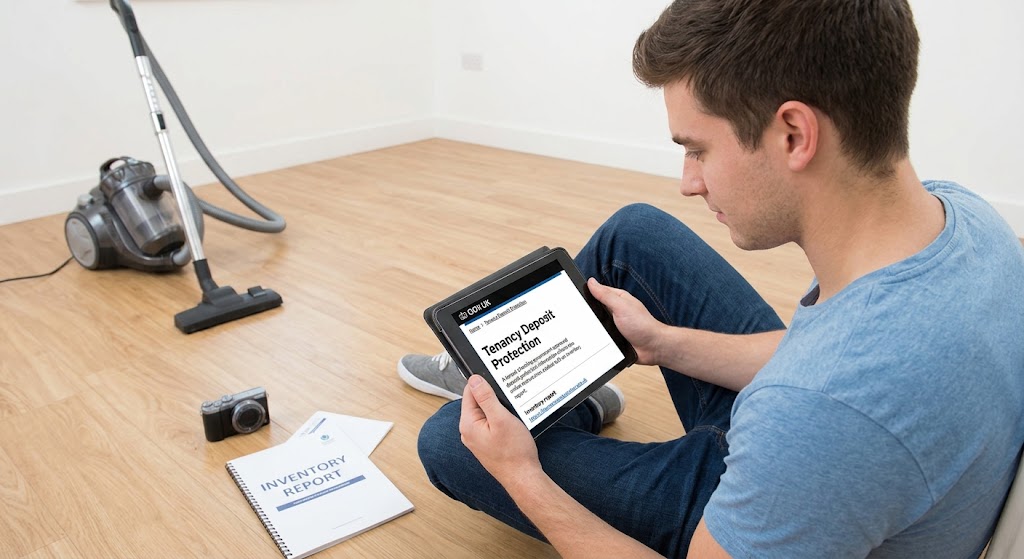 A tenant checking government-approved deposit protection information online on a tablet with an inventory report.