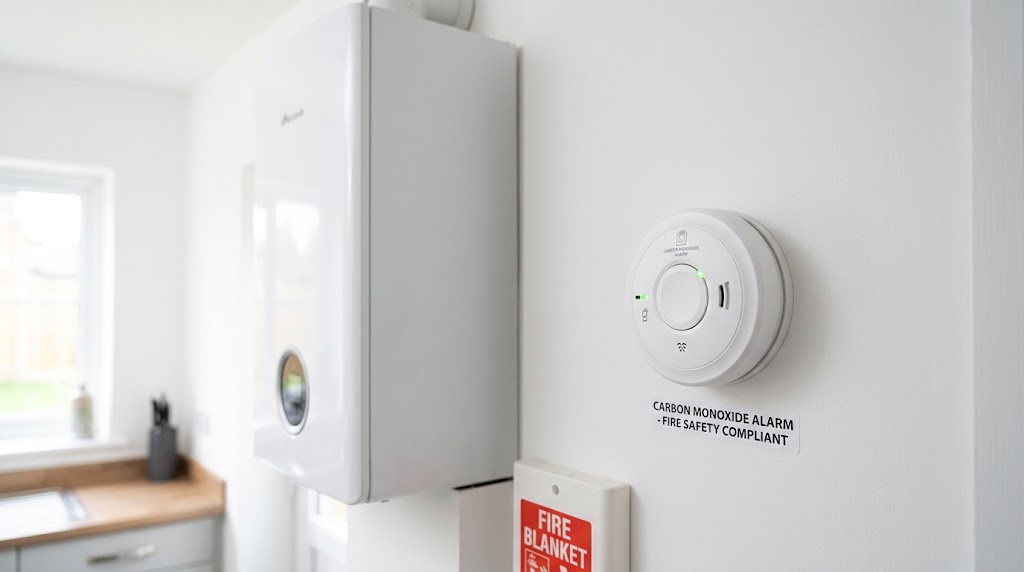 Carbon monoxide alarm installed next to a boiler, ensuring gas safety compliance for buy-to-let home.