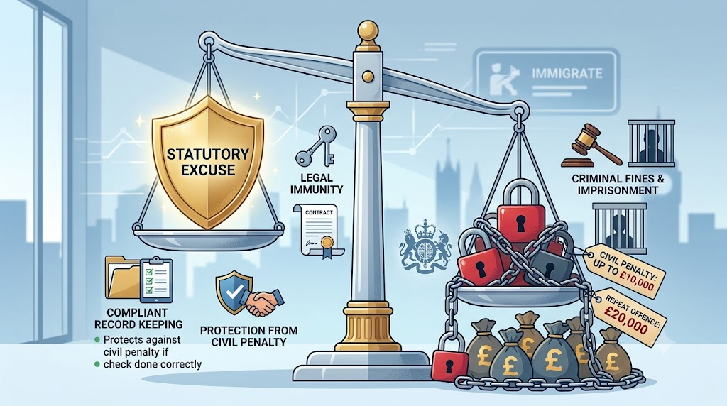 A balance scale comparing 'Statutory Excuse' and 'Compliant Record Keeping' with 'Legal Immunity' on one side, against 'Criminal Fines' and heavy 'Civil Penalties' of £20,000 on the other. (187 characters)