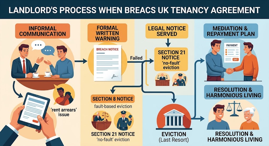 An illustrated infographic of common breaches, detailing rent arrears and anti-social behaviour.