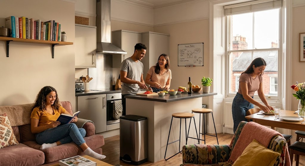 Four friends in a bright open-plan kitchen and living room, cooking, setting the table, and reading.
