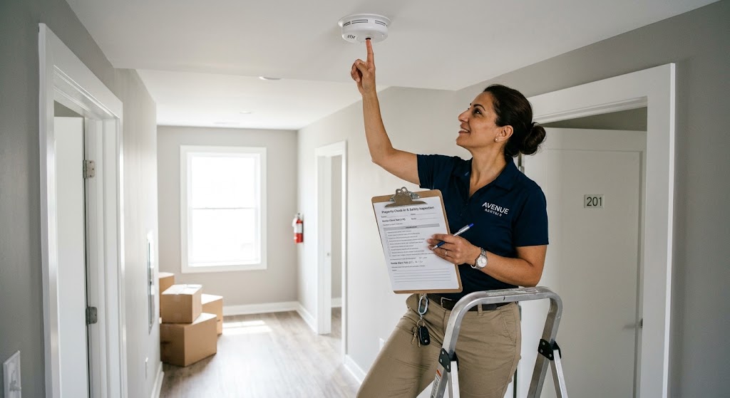 Letting agent testing a fire alarm during a tenant check-in inventory report at a rental property.