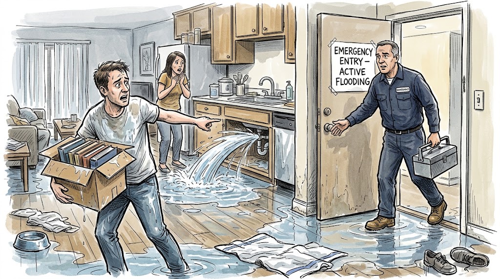 Vector illustration of a burst water pipe flooding an apartment, a legal emergency for landlord entry.