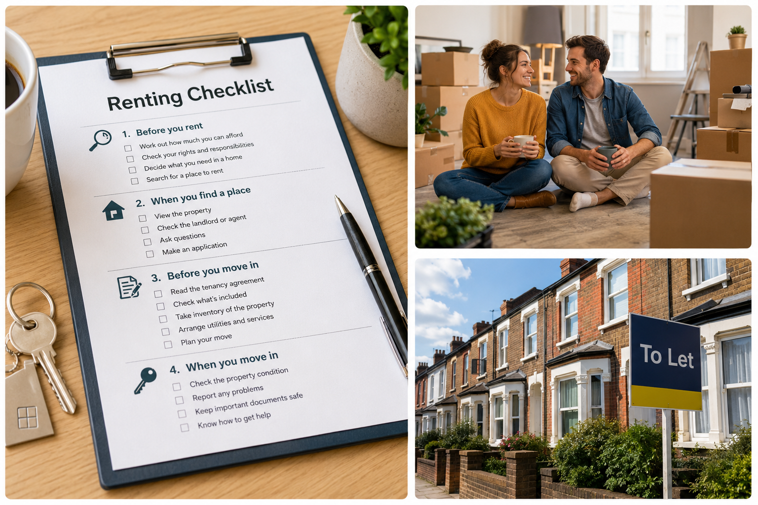 Detailed renting checklist beside a couple moving home and a traditional English house marked To Let.