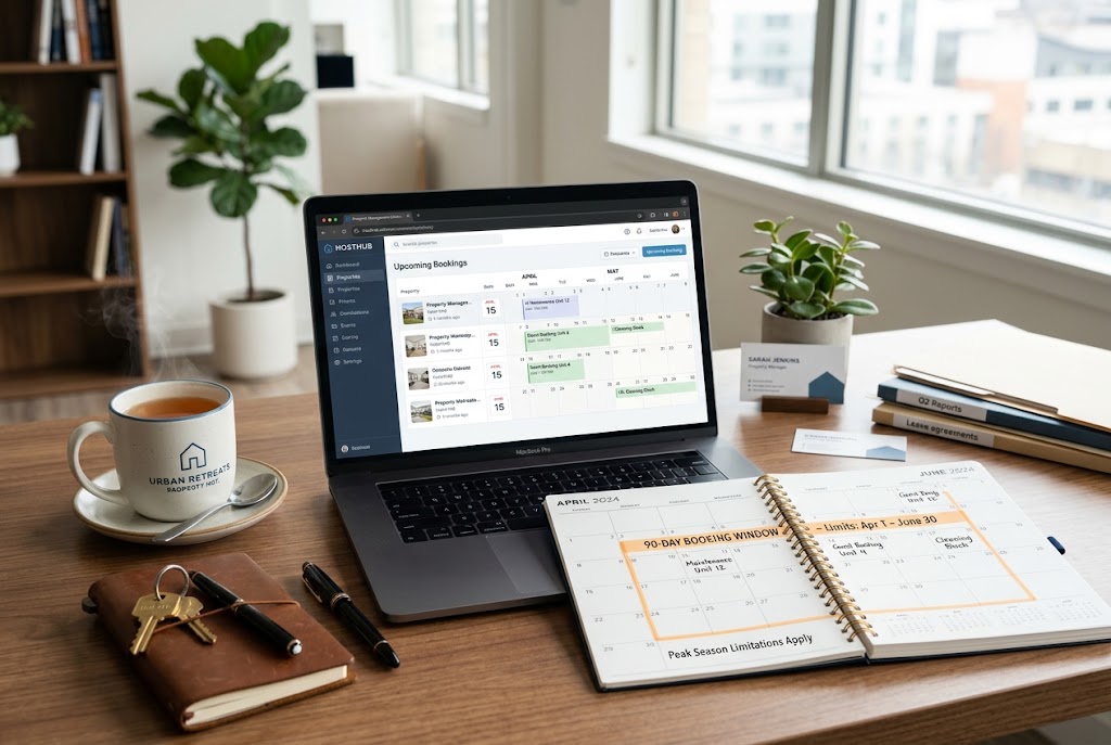 Professional desk with laptop, open calendar highlighting 90-day booking limit, and a tea cup.