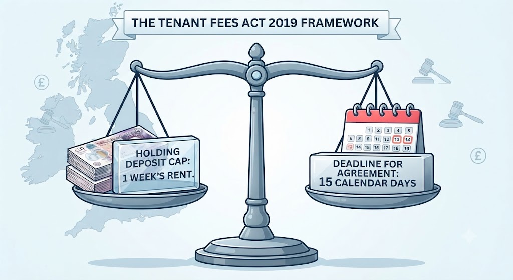An infographic showing a scale balancing 'Holding Deposit Cap: 1 Week's Rent' against 'Deadline for Agreement: 15 Days' under the Tenant Fees Act.