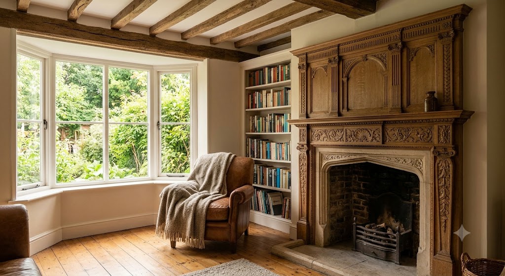 Cozy room with exposed beams, ornate wooden fireplace, bookshelves, and a leather chair by a window.