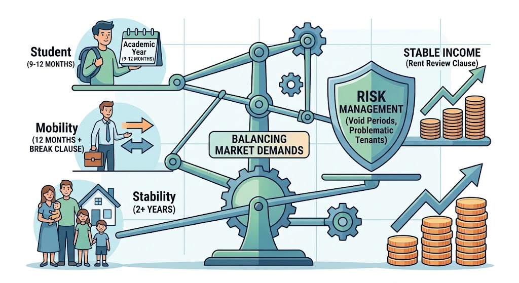 Illustration balancing rental market demands: comparing short student leases and long-term family leases with landlord risk.