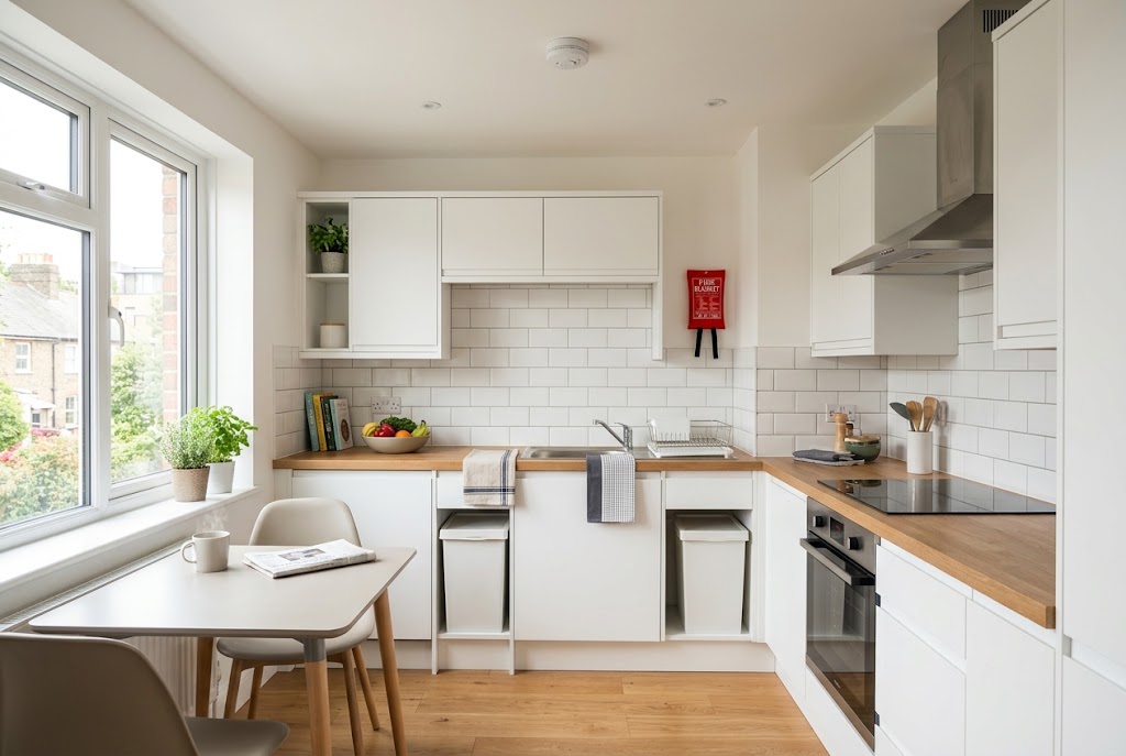 Clean, modern kitchen in a residential apartment featuring a smoke alarm and red fire blanket.