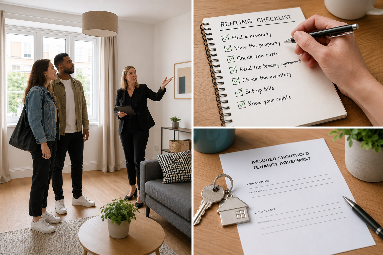 Couple viewing a rental home with an agent, alongside a checklist, keys and tenancy agreement.