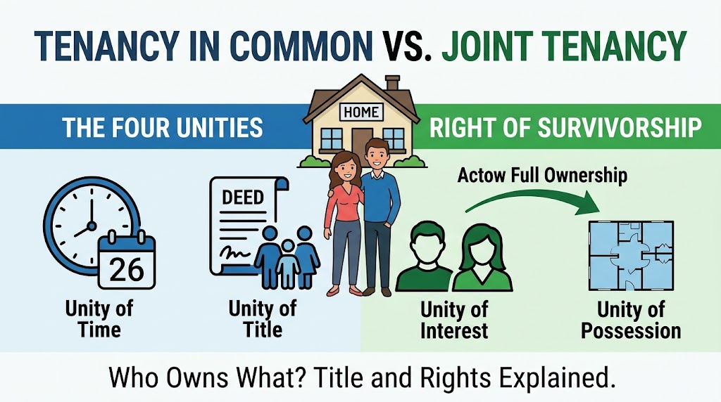 Illustration explaining Joint Tenancy for property: features include right of survivorship and the four unities required for ownership.
