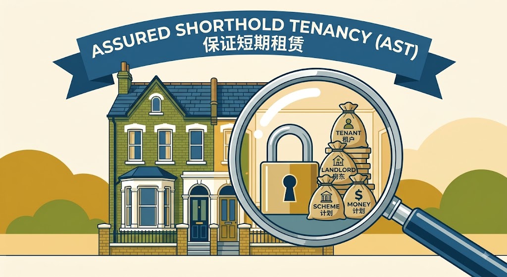 Magnifying glass over lock and deposit bags in front of a house for Assured Shorthold Tenancy