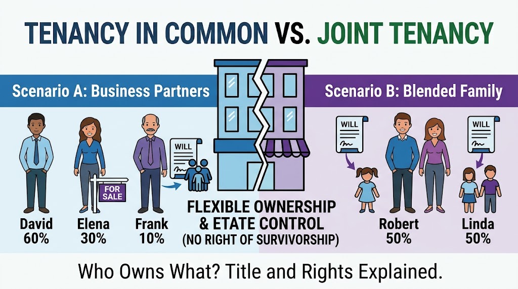 Infographic showcasing Tenancy in Common for property ownership: distinct shares, flexibility, and estate planning application for investments.
