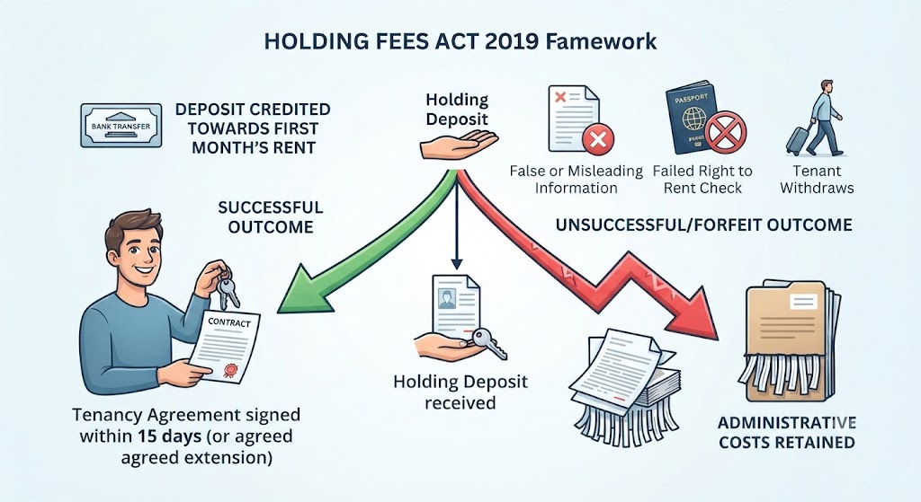 A decision flowchart illustrating outcomes: a green path to 'Tenancy Signed' leading to refund/credit, and a red path to 'Admin Costs Retained' for specific breaches.
