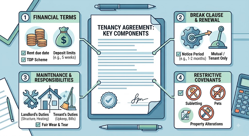 Diagram outlining key tenancy agreement components: financial terms, break clauses, maintenance duties, and tenant restrictions.