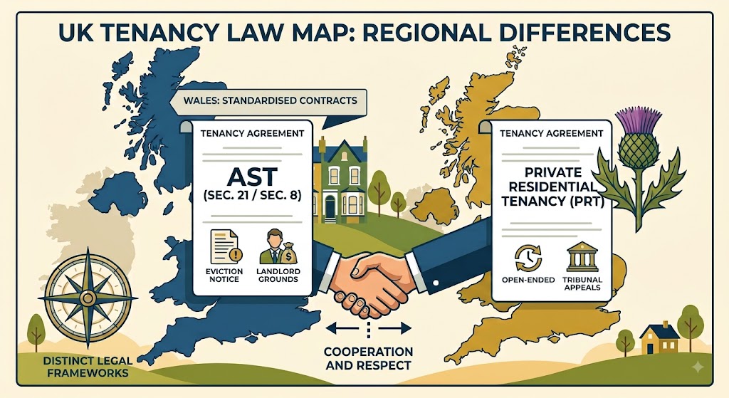 UK map comparing regional tenancy laws like AST and Private Residential Tenancy PRT