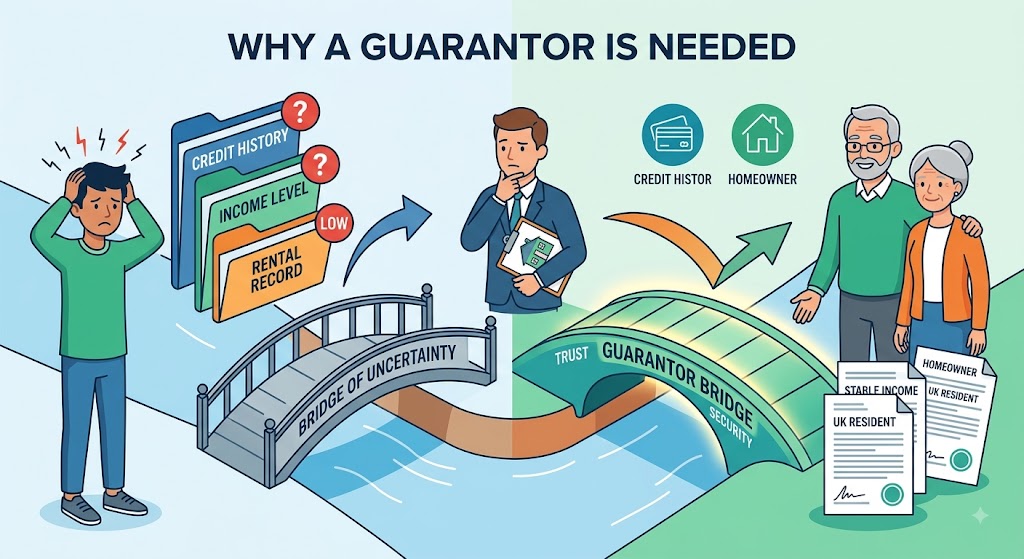 Infographic showing a guarantor acting as a secure bridge for a tenant lacking credit or income.