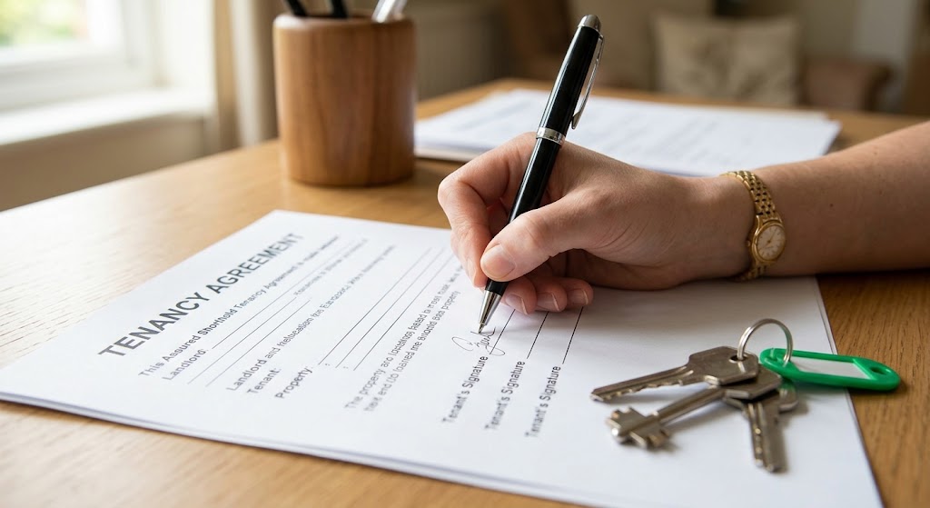 Close-up of a tenant signing a UK tenancy agreement contract next to metal house keys on a wooden desk.