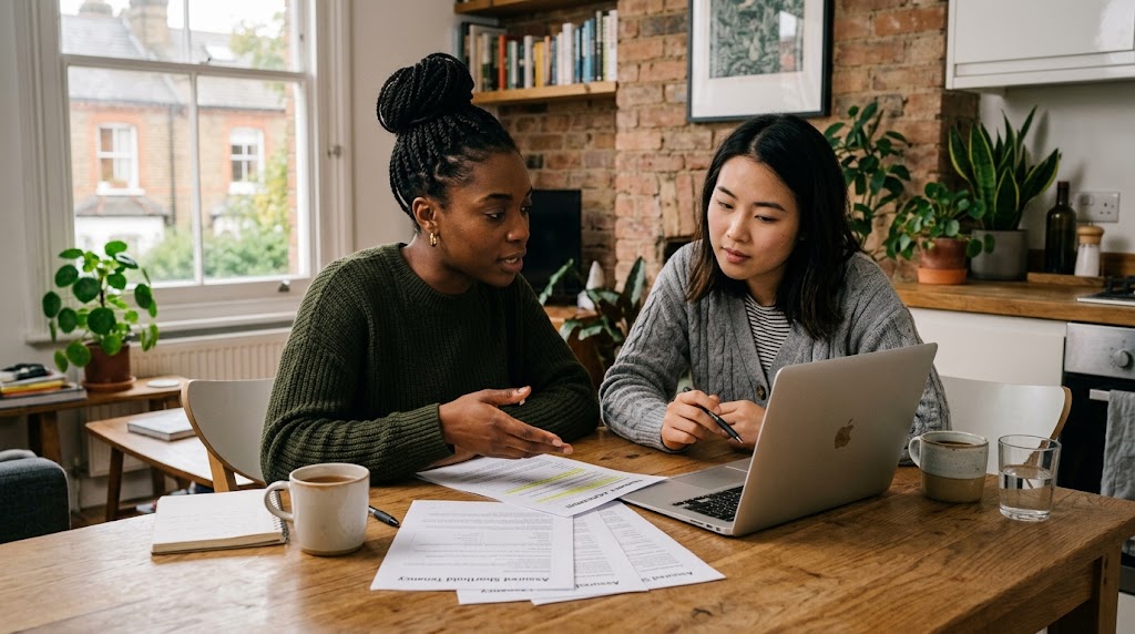 Flatmates reviewing UK tenancy agreement and notice to quit terms in a rented flat