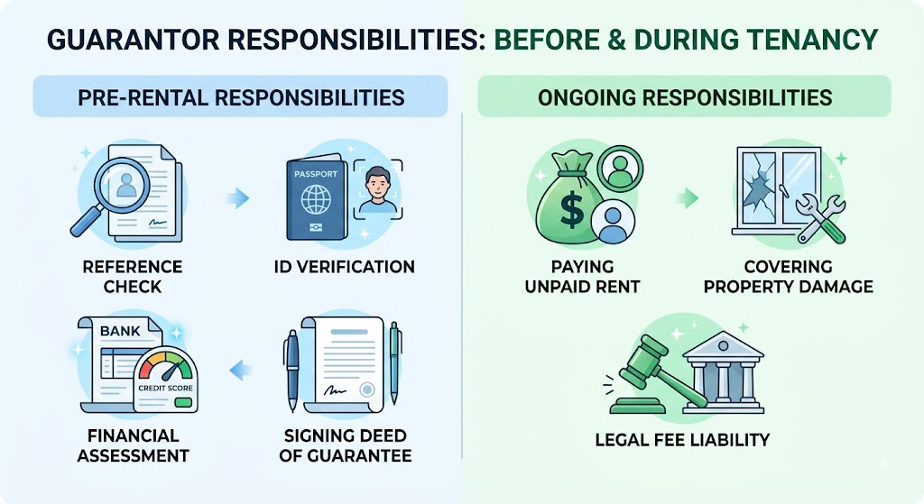 Flowchart comparing a guarantor's pre-rental tasks like reference checks to ongoing duties like rent.
